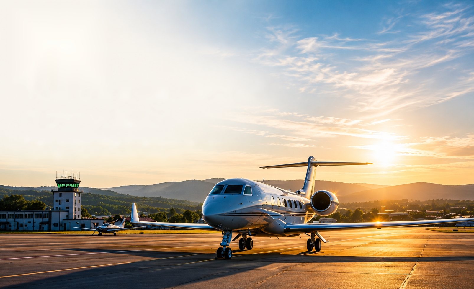 Business jet on the runway at sunrise