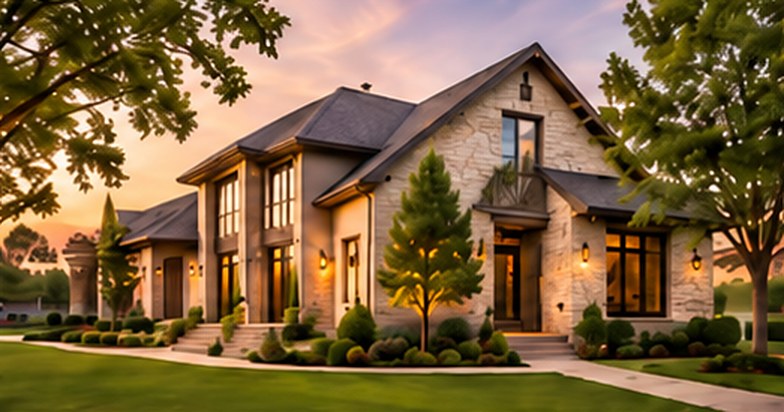 Stone-and-brick family home at dusk